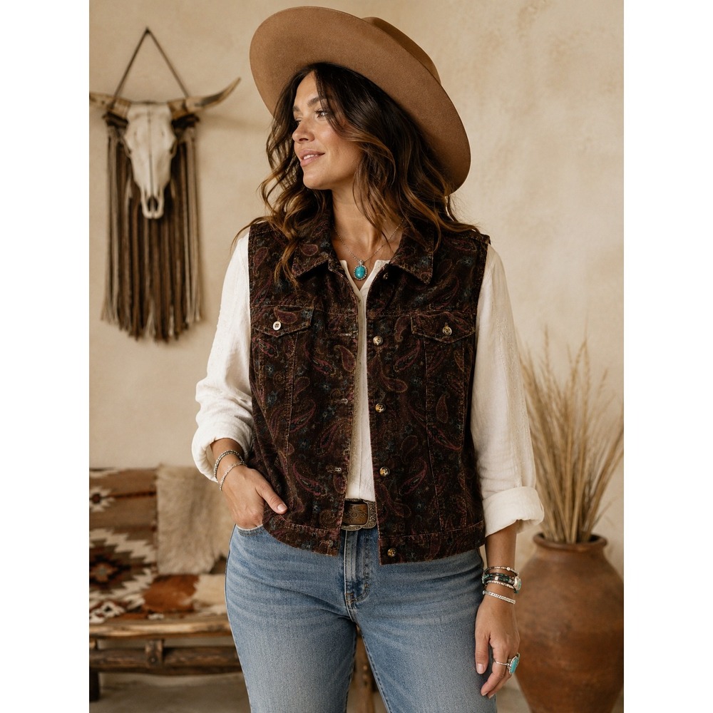 Liz Claiborne Brown Paisley Velvet Button-Front Vest